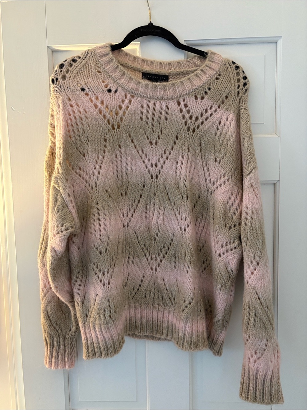 Santuary Women's Pink and Beige Open-Knit Crewneck Sweater